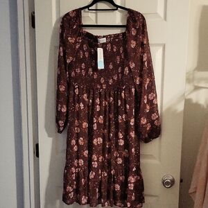 Kaileigh Long Sleeve Floral Dress - Brown and Pink